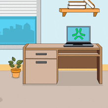 a cartoon drawing of a desk with a laptop and a potted plant