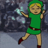 a cartoon of a person in a green outfit dancing in front of a crowd
