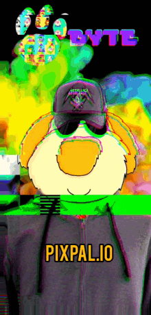 a cartoon character wearing sunglasses and a hat with pixpal.io written in yellow