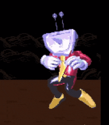 a pixel art of a cartoon character with a heart on his head holding a banana