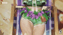 a woman with purple flowers around her waist is sitting in a chair with the word rivals on the bottom