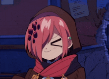 a cartoon character with pink hair and a rock on her head