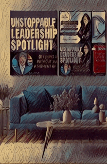 a living room with a blue couch and a sign that says " unstoppable leadership spotlight "