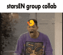 a man in a purple shirt has a yellow duck on his head and the words starsen group collab