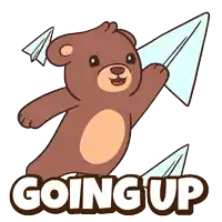 a cartoon of a teddy bear holding a paper airplane and the words going up