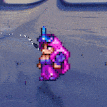 a pixel art of a woman with pink hair and a unicorn hat