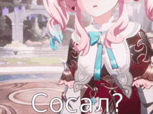 a girl with pink hair is standing in front of a sign that says ' cocal '