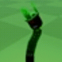 a green polka dot background with a black object in the middle