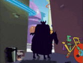 a cartoon drawing of a man riding a horse in a alleyway