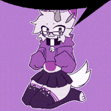 a cartoon character is kneeling down and wearing a purple hoodie and a black skirt .