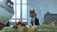 a group of stuffed animals including a shark and a wolf