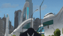 a cartoon drawing of a man in a venom suit standing in front of a futuristic city