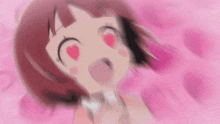 a girl with a heart in her eyes is surrounded by pink petals
