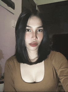 a woman with black hair is wearing a brown top with a plunging neckline