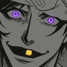 a black and white drawing of a person with purple eyes and a yellow square in their mouth