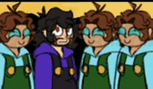 a group of cartoon characters are standing next to each other in a line .