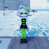 a cartoon character is standing in front of a swimming pool