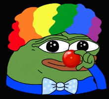a green frog wearing a rainbow hat and a bow tie