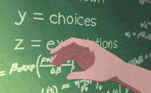 a person 's hand is pointing at a blackboard that says choices