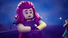 a lego girl with pink hair has a tattoo on her face