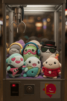 a group of stuffed animals in a claw machine that says shark on it