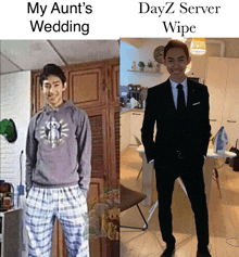 a picture of a man in pajamas next to a picture of him in a suit