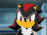 shadow the hedgehog from the video game sonic the hedgehog is looking at the camera with a serious look on his face .