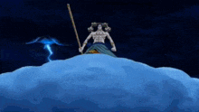a man with a stick is standing on top of a cloud with lightning behind him