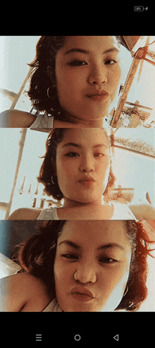 a collage of three pictures of a woman 's face with a battery percentage of 44