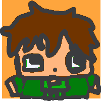 a cartoon drawing of a boy with brown hair and a green scarf around his neck