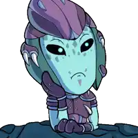 a cartoon drawing of a purple and blue alien with sharp teeth