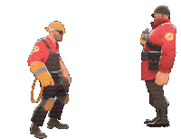 a man in a hard hat is dancing with a man in a red coat
