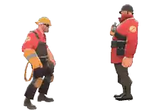 a man in a hard hat is dancing with a man in a red coat