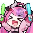 a pixel art drawing of a girl with horns holding two lightsticks .