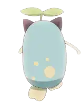 a cartoon drawing of a blue egg with a green leaf on top
