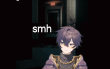 a purple haired anime character with a chain around his neck is standing in front of an exit sign