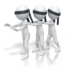 three blindfolded 3d figures are pulling each other