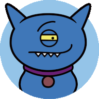 a cartoon drawing of a blue monster with a purple collar