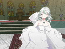 a girl in a white dress is standing in front of stained glass windows