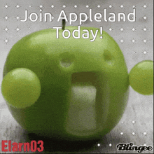 a green apple with a face and the words join appleland today on it