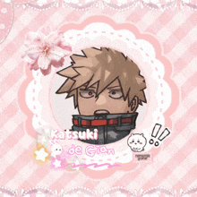 a picture of katsuki de gitan is surrounded by pink flowers