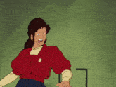 a cartoon of a man in a red jacket with a badge on his chest