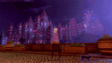 a girl stands on a cobblestone street with a cat in front of a large building that says gravityqueen tumblr on the bottom