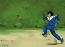 a man in a blue jumpsuit is running on a dirt road .
