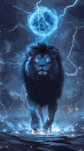 a lion with blue eyes is walking in the dark with a blue lightning ball above it .