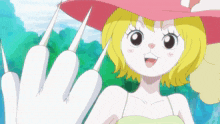 a cartoon character with a pink hat and sharp claws