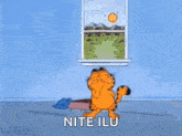 garfield is sitting on the floor next to a box and says `` nite ilu '' .