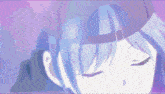 a close up of a person wearing a hat with a purple background
