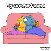 a cartoon of a duck and a mouse on a couch reading books