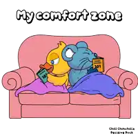 a cartoon of a duck and a mouse on a couch reading books